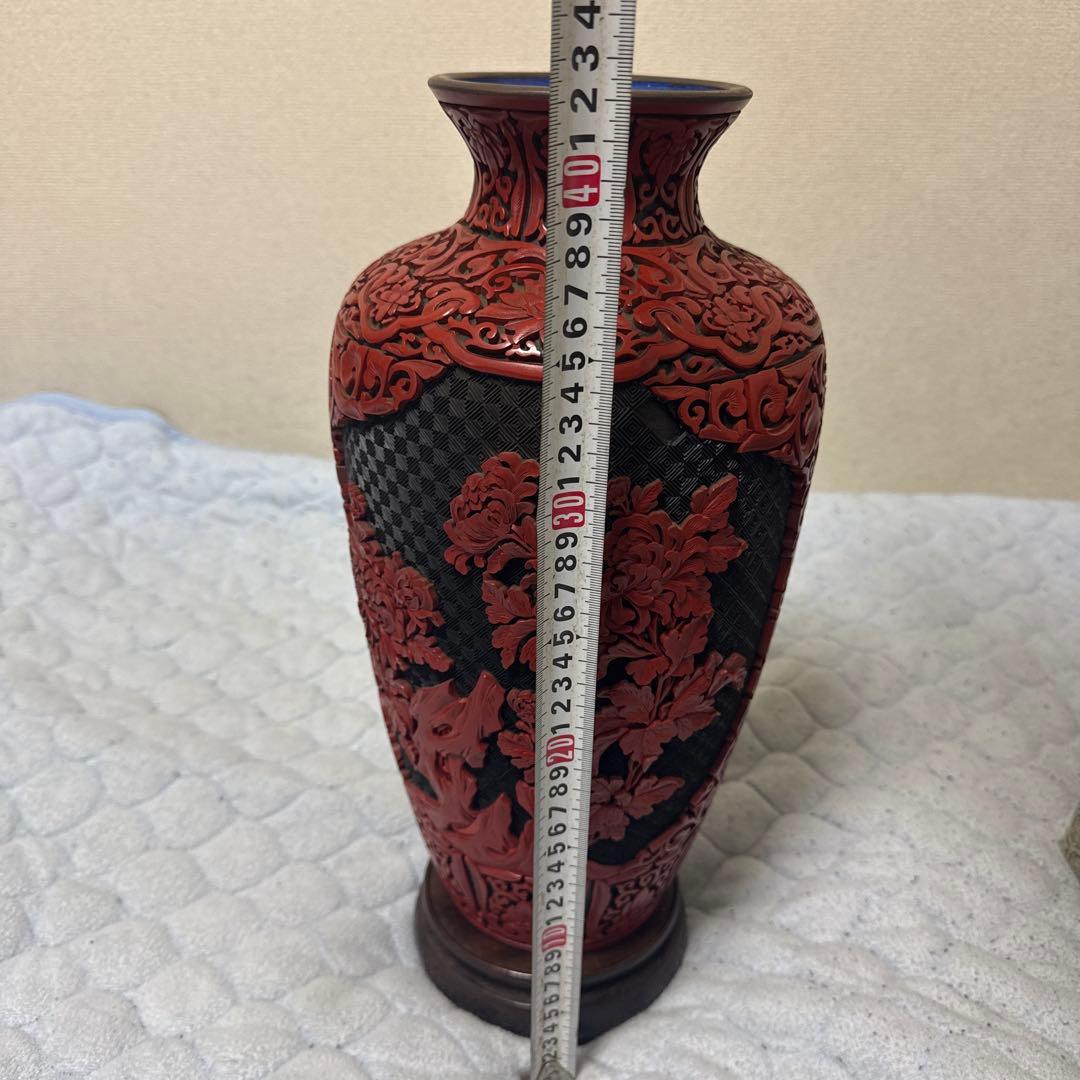 中国美術 大花瓶 堆朱 堆黑 花鳥 唐木台 紫檀 花梨 一輪挿し美品