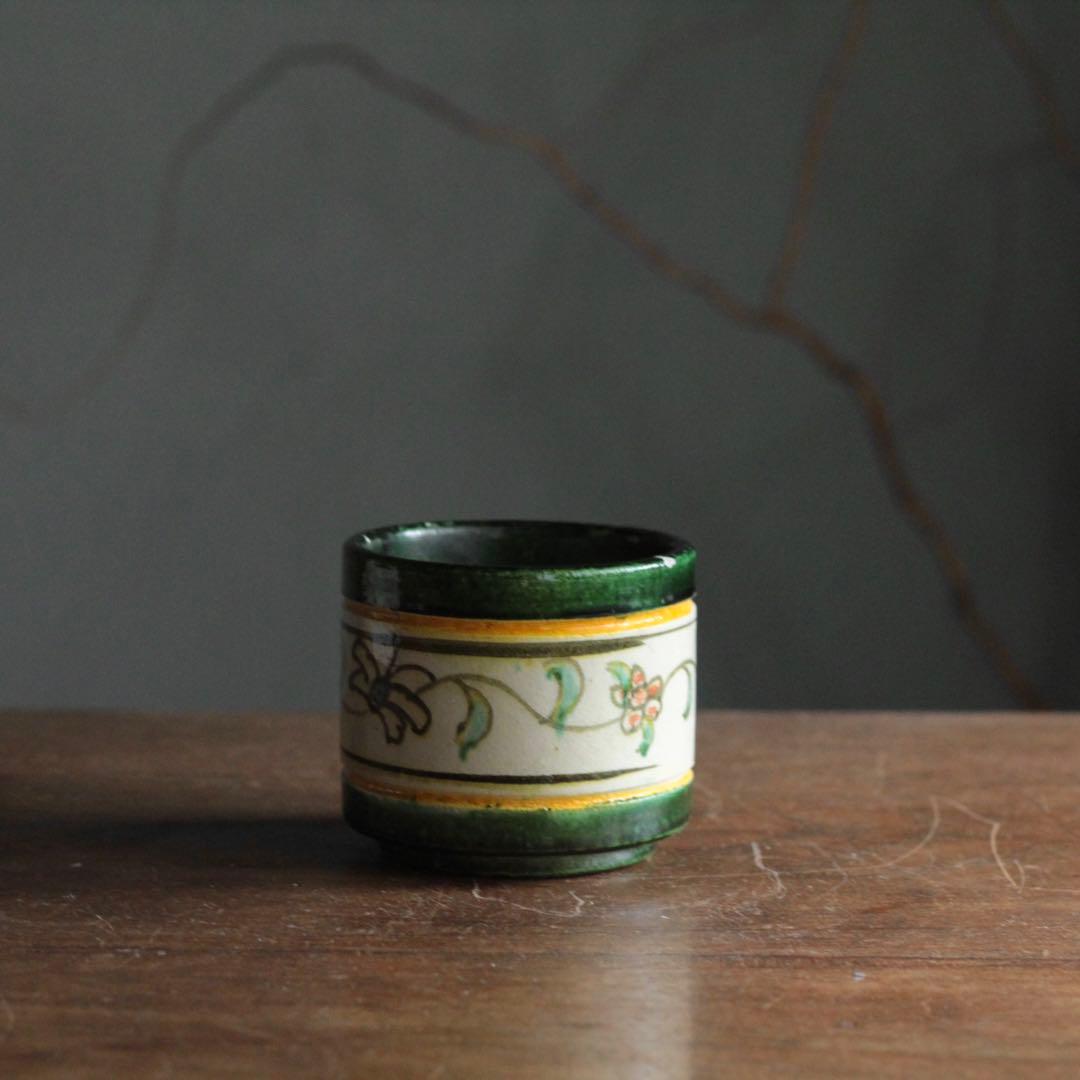 緑釉にしゃれた花柄の筒 筒茶碗 火入 京焼 古美術 古道具 アンティーク 茶道具