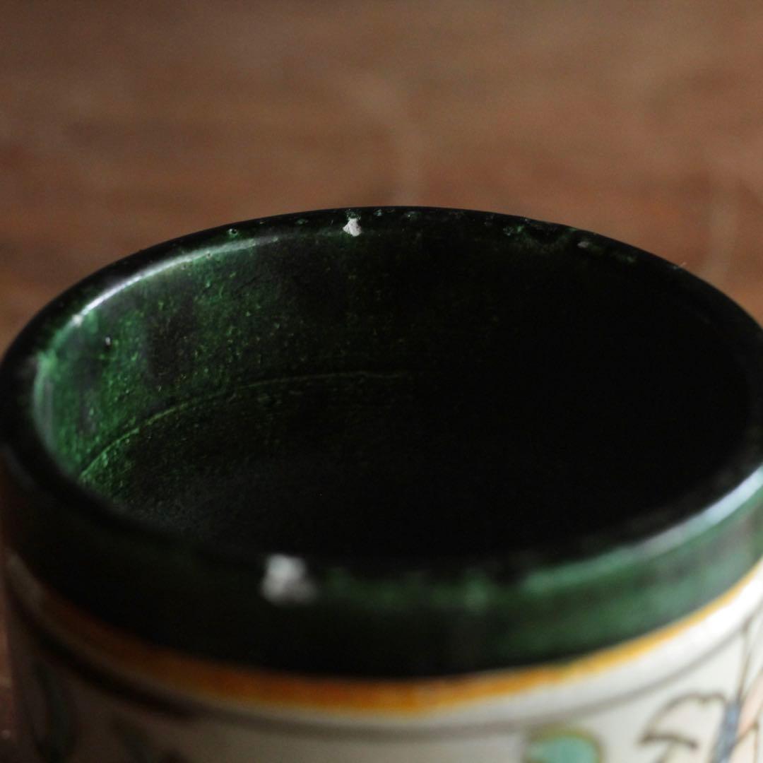 緑釉にしゃれた花柄の筒 筒茶碗 火入 京焼 古美術 古道具 アンティーク 茶道具