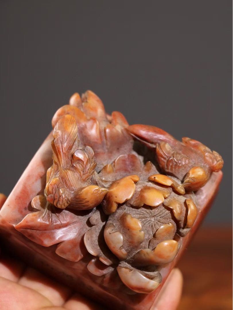 時代物　天然 芙蓉寿山石 彫刻　雙喜臨門　文房具　印鑑　縁起物　アンティーク