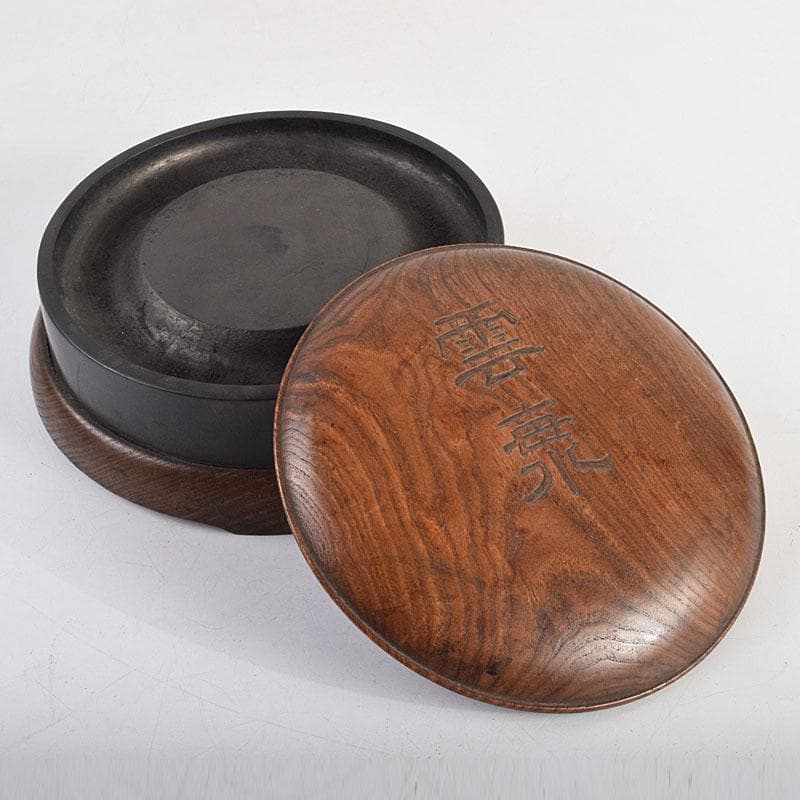 中国　書道具　端渓硯　円式硯　豊保刻　漢詩文　木蓋付　F　R9350