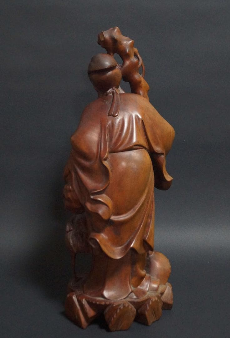 オールド柘植 つげ 黄楊木 細工彫り『寿老人鶴立像』置物 オブジェ高36.5cm