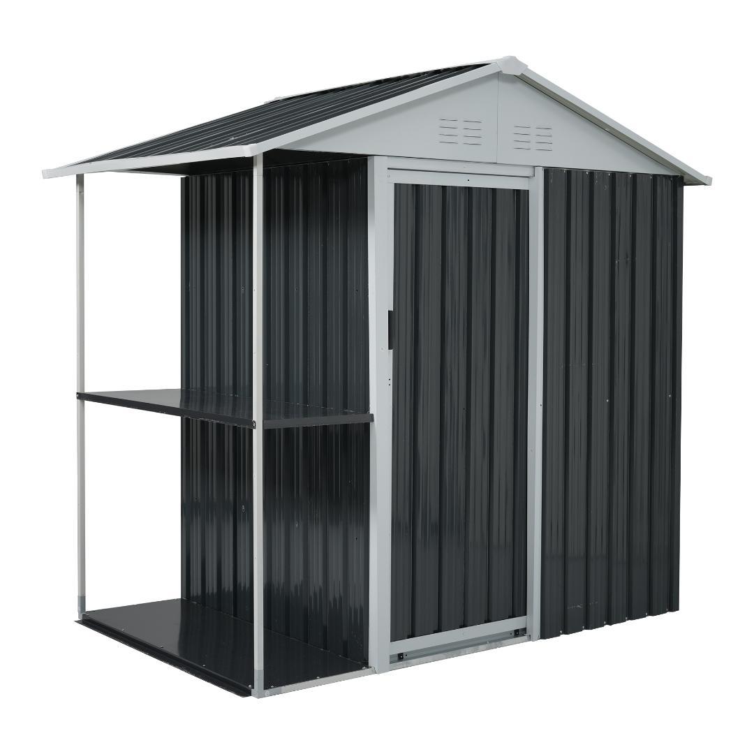 【収納ラック付き】戸外収納庫　防水・防錆　スチール物置　BLACK