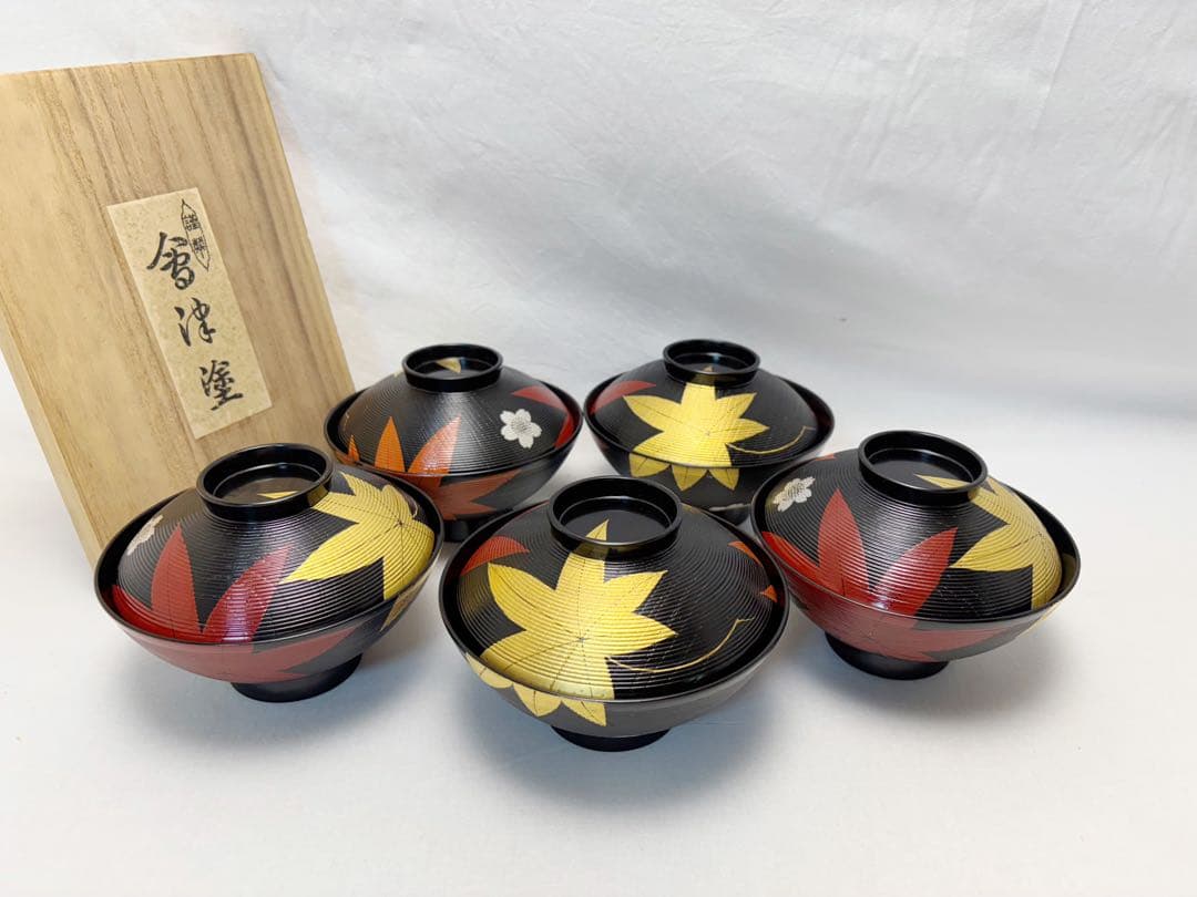 ほぼ未使用 懐石道具 木製漆器 千筋 金彩もみじ蒔絵 吸物椀 5客揃 共箱