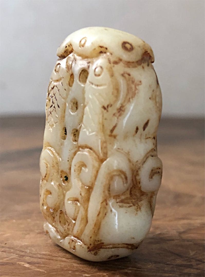 中国美術 老白玉 細密両面双魚刻 古玩 根付 ペンダント 23㌘