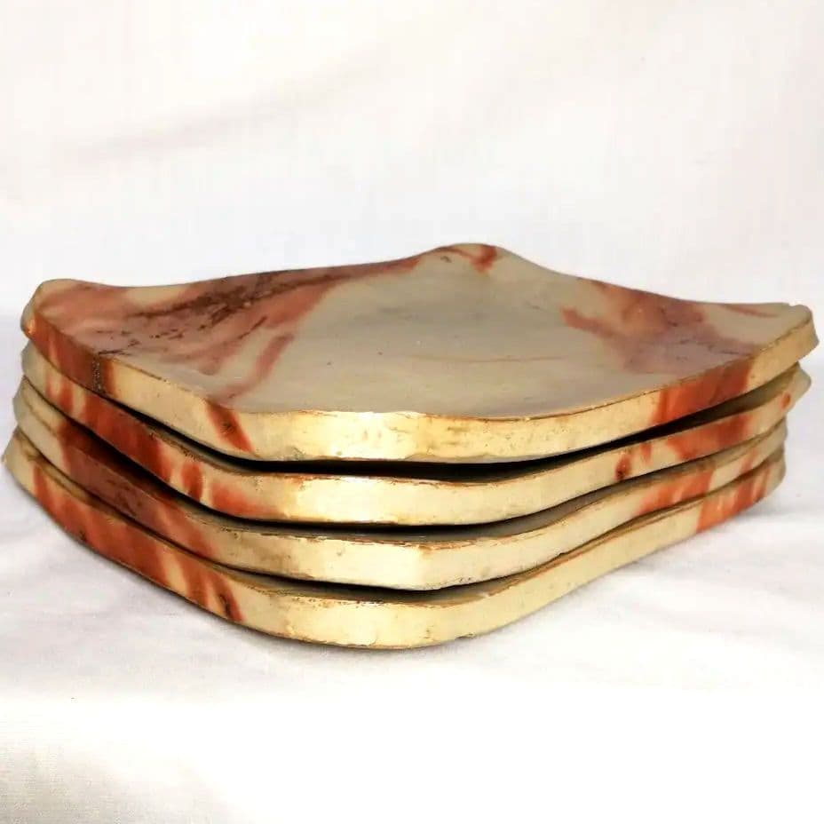 岡山県重要無形文化財 森陶岳 備前焼 銘々皿4枚 陶印あり 緋襷 長方皿 食器