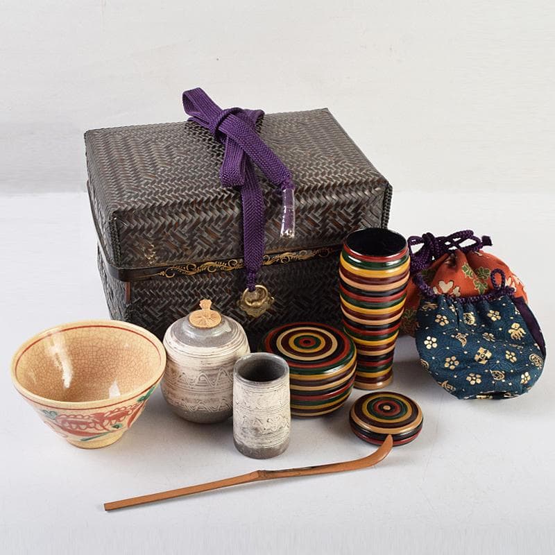 茶道具　平安　籃峰斎作　茶籠　茶碗　独楽棗など　七点一式　仕覆付　Y　R9517