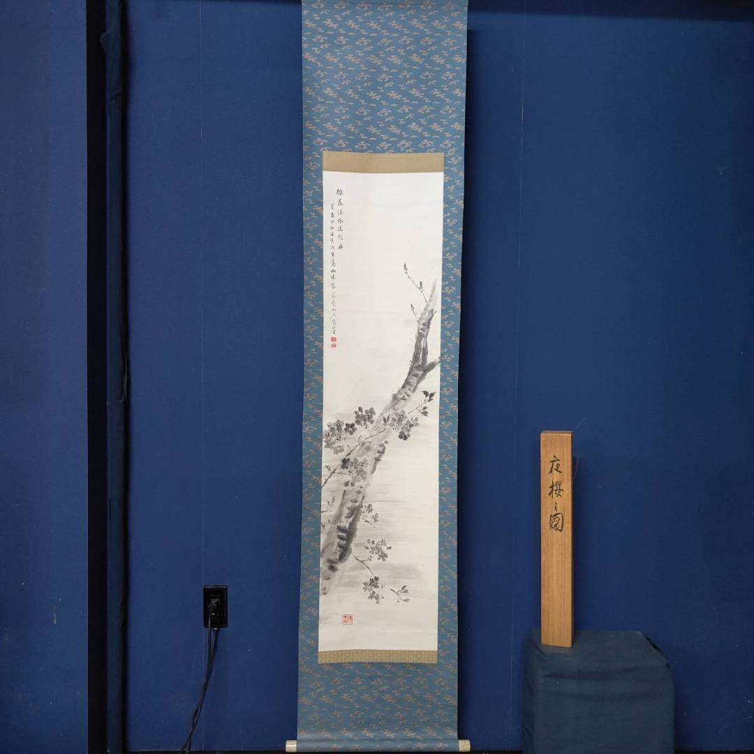 真作/巣雲/夜桜画賛/山水/桐共箱付/布袋屋掛軸A-411