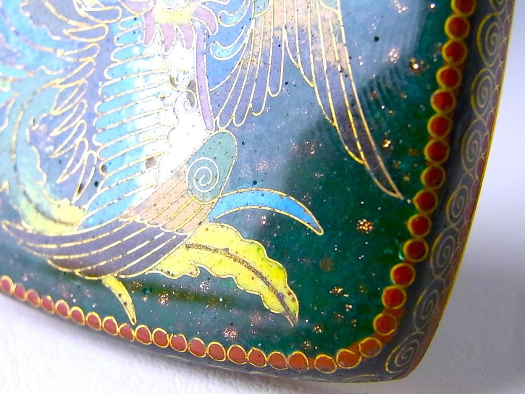 【 E456 】 美しき超名品　明治期尾張七宝上手作　黄銅線鳳凰文脚付き小物入れ