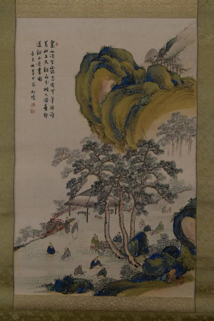 【真作】橋本松陵/青緑山水人物図/掛軸☆宝船☆Z-641