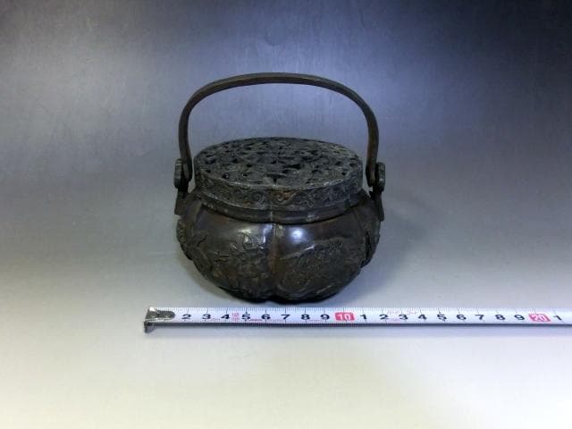 手炉■銅製 透かし花唐草 花鳥紋 大明宣徳 灰器 火器 手あぶり 香炉 時代物