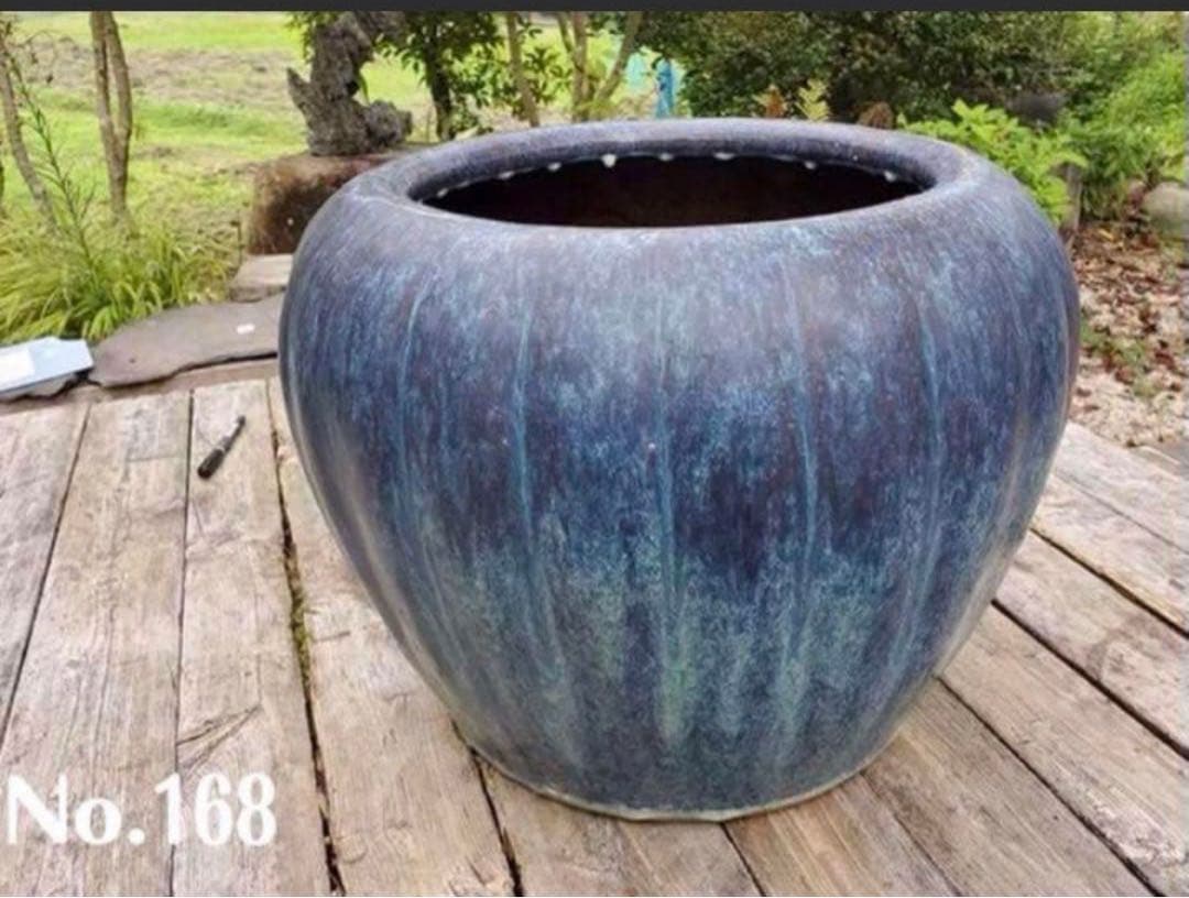 古中国火鉢　落款有り　海鼠釉薬　青緑色の陶器 火鉢　47×36㌢