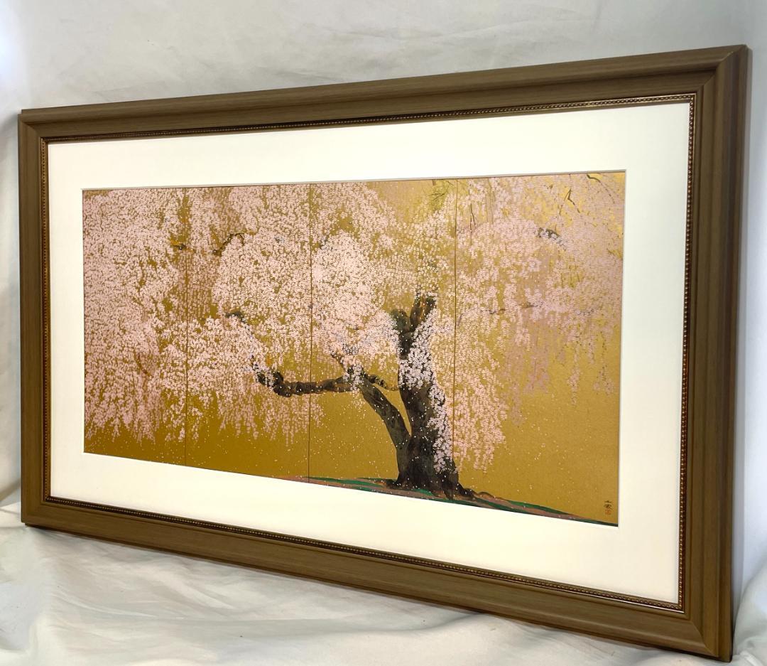 【新品】中島千波 『醍醐寺三宝院枝垂桜..』ポスター 複製画　額付き　 金色背景