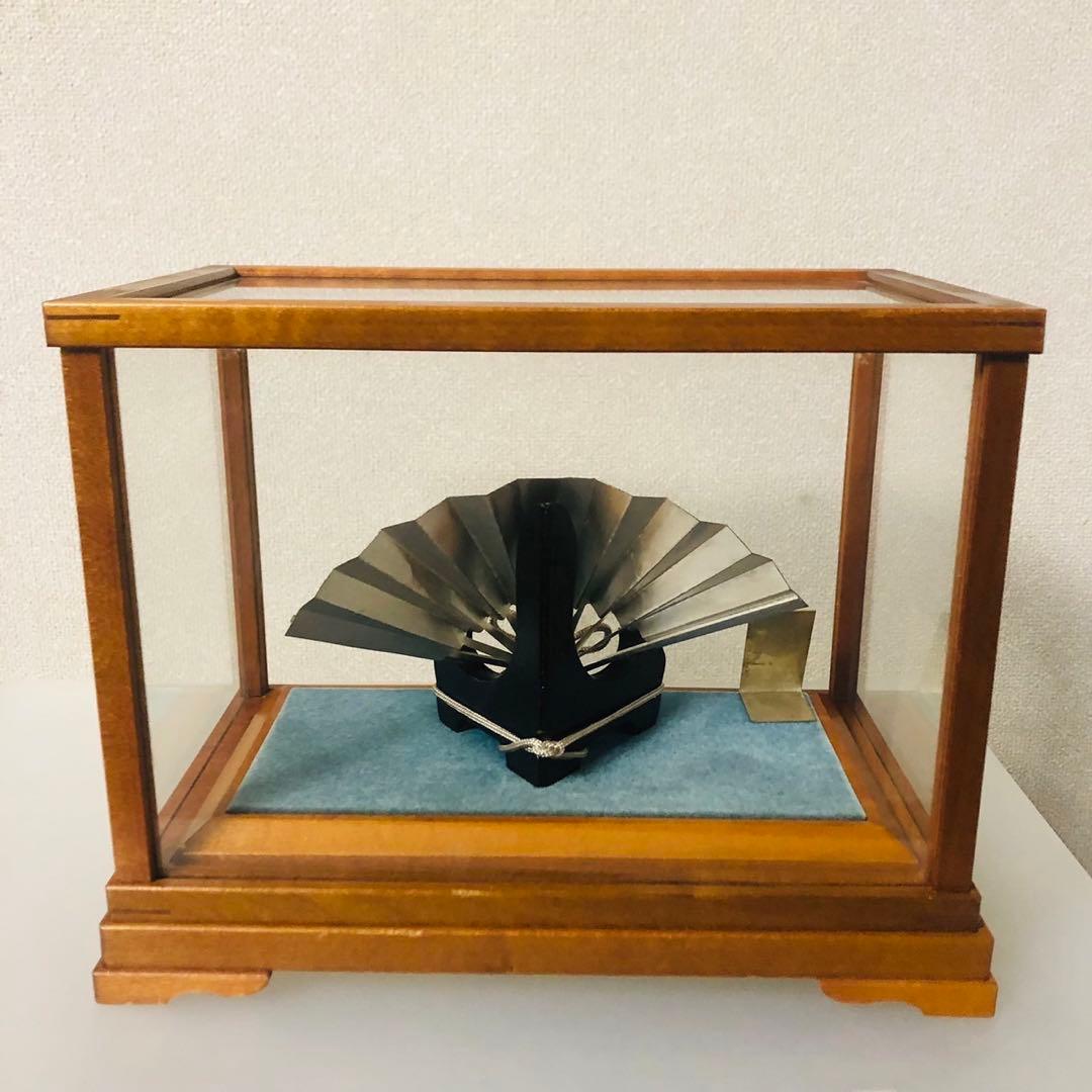 E26骨董品✨ 武比古作 純銀製 扇飾り 木製ガラスケース 置物 縁起物