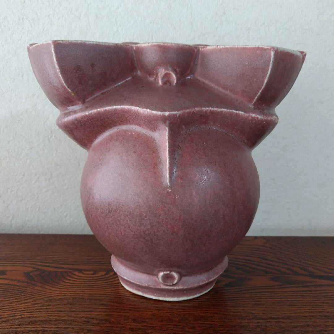 河井創太　辰砂貼文扁壷　桐共箱　黄布・栞・先生サイン入り陶展案内状付き