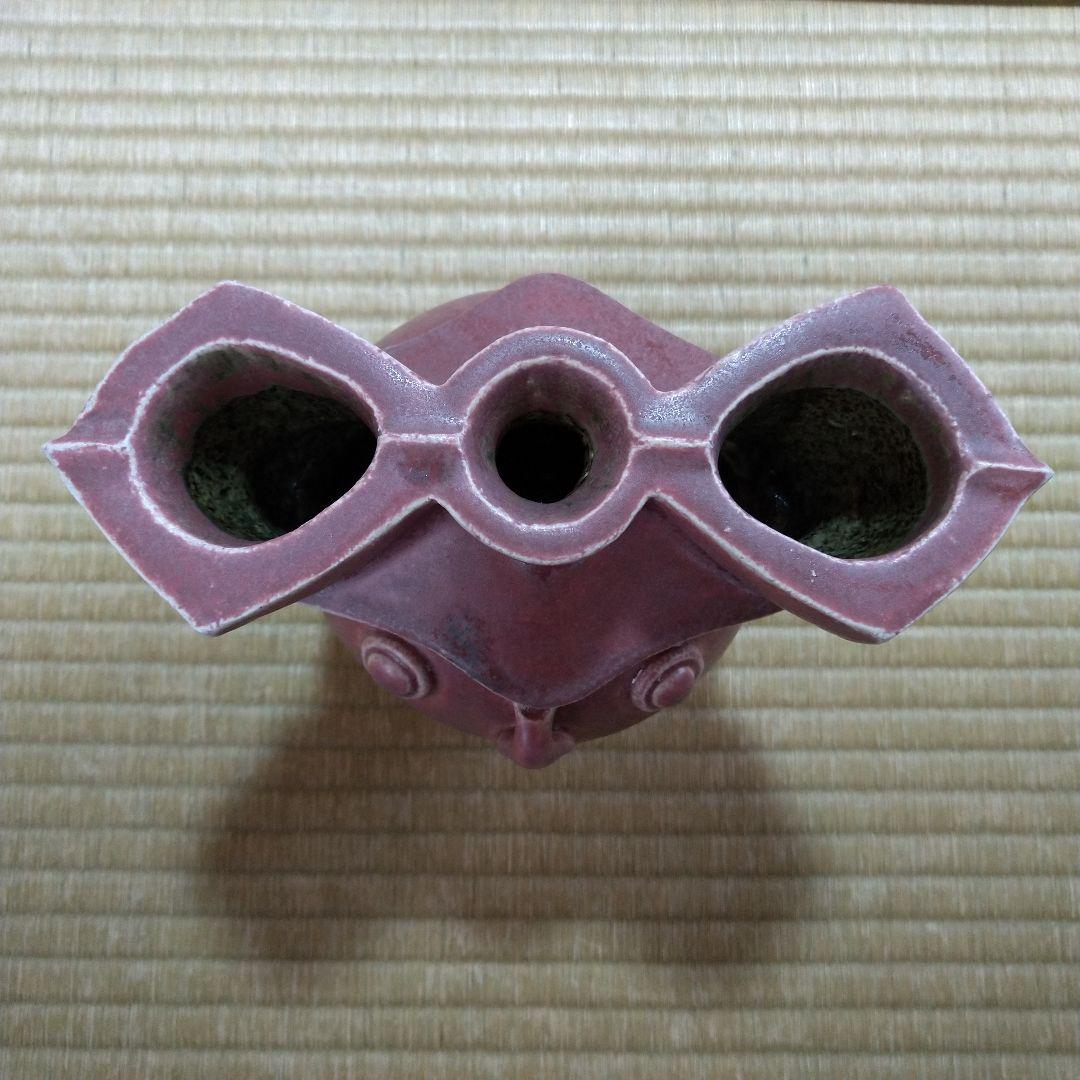 河井創太　辰砂貼文扁壷　桐共箱　黄布・栞・先生サイン入り陶展案内状付き