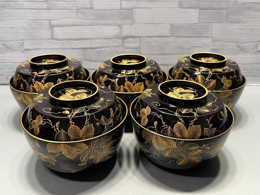 時代　極上　輪島塗　沈金蒔絵　煮椀　吸物椀　五客　木製　おすすめ品