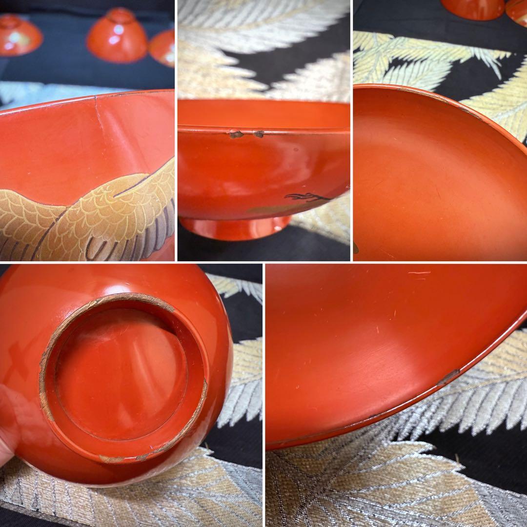 漆器　輪島塗　金蒔絵松鶴文　木製　蓋付椀　お煮物椀　吸物椀　5客　骨董品