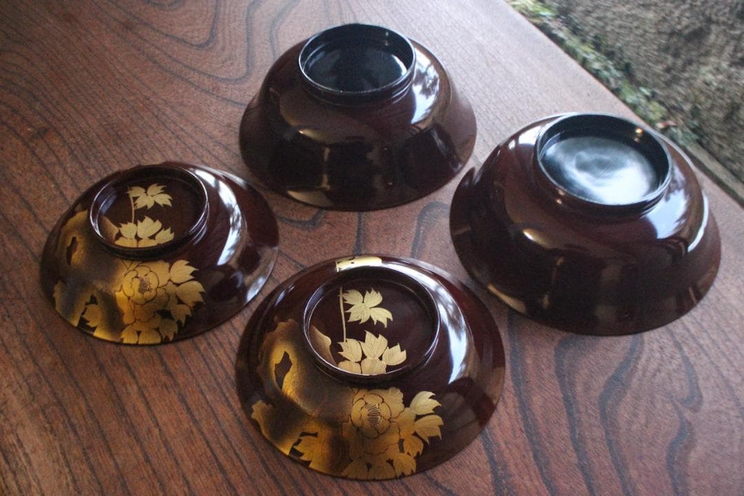 時代逸品！風情ある栗色漆に極上牡丹蝶蒔絵の映える大椀2点（検輪島塗蒔絵椀雑煮椀