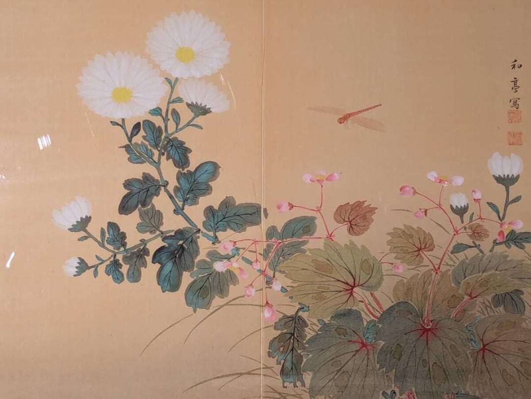 【真作】絵画　滝和亭　日本画　画帳外し　秋草図　花鳥図　美麗な彩色額　Y45