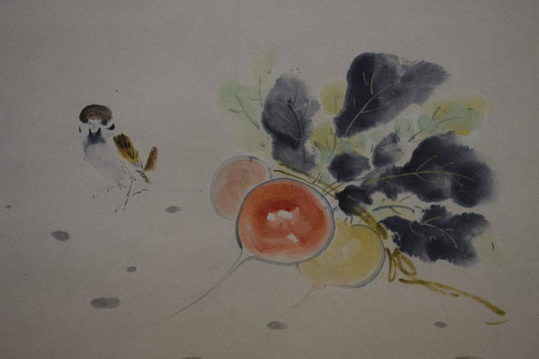 真作/宮臺玉英/宮台玉英/カブに雀図（蕪）/桐共箱付/布袋屋掛軸HF-41