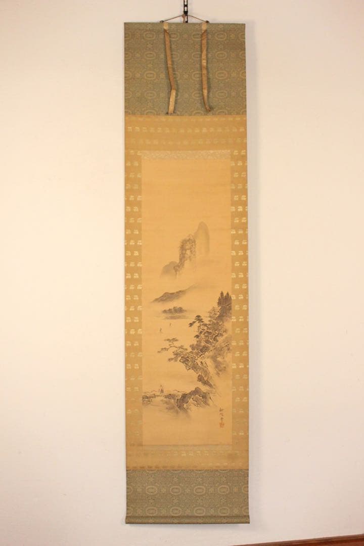 No5501掛軸　在名　探信筆 三幅　水墨　山水画　布袋図　紙本　合箱　送料無料