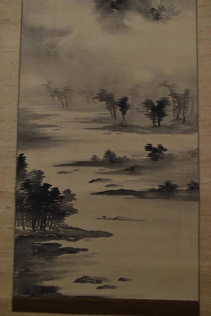 【真作】牧櫻山/山水漁舟画賛/掛軸☆宝船☆Z-962