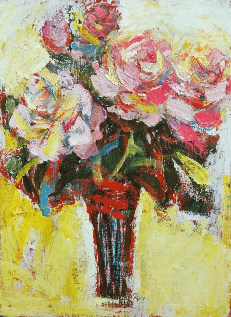 油絵 菅家令子 絵 絵画 インテリア 額付(黒) F4-070202 花 ばら