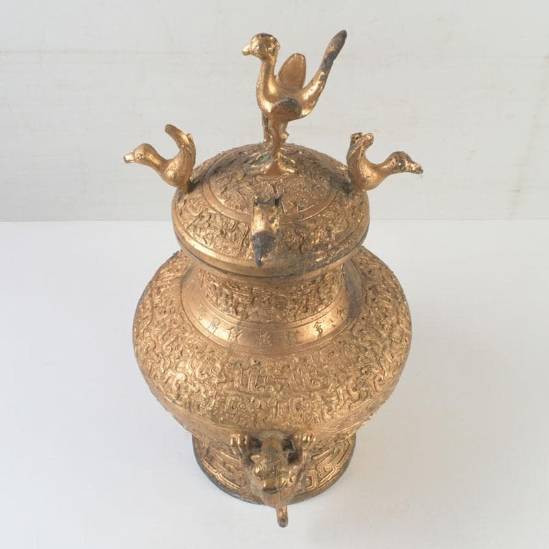 中国　古銅鍍金　漢詩刻　饕餮文　神獣蓋壷　M　9857A