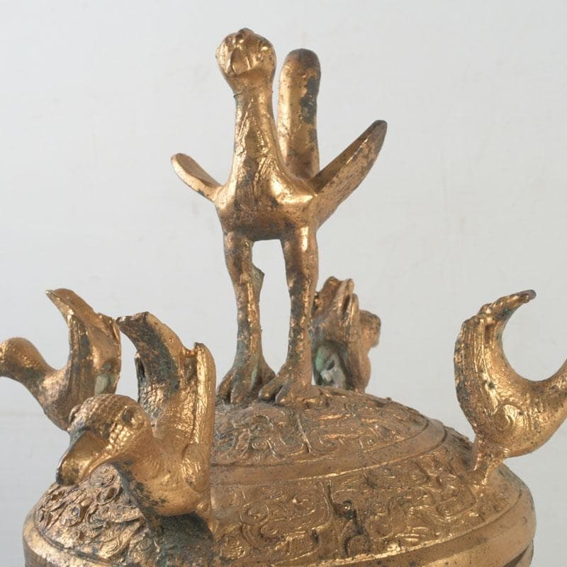 中国　古銅鍍金　漢詩刻　饕餮文　神獣蓋壷　M　9857A