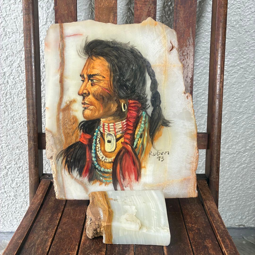 超レア！ネイティブアメリカン　インディアン大理石オブジェ絵USAヴィンテージ雑貨