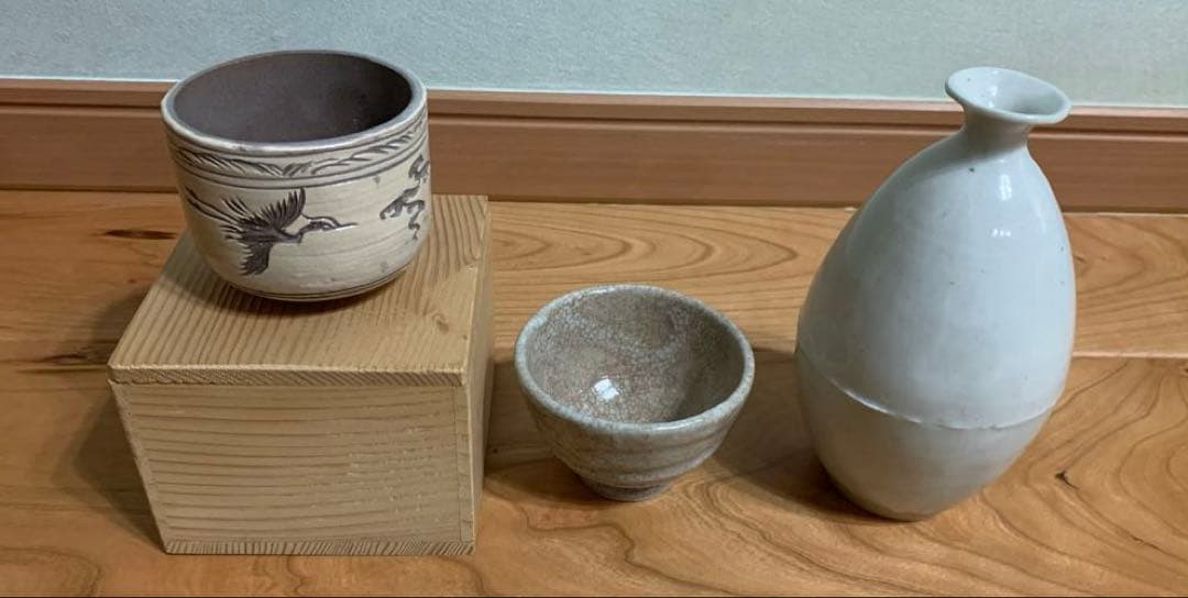 晩酌セット3点：①徳化窯白瓷胴継瓶/②池順鐸作ぐい呑/③池順鐸 作？ぐい呑