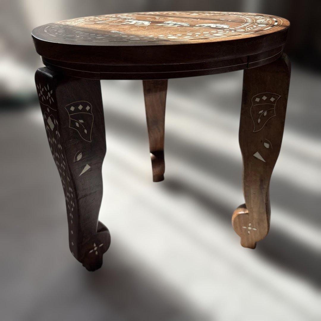 木製テーブル　3本足　猫足　ゾウ柄　タージマハール