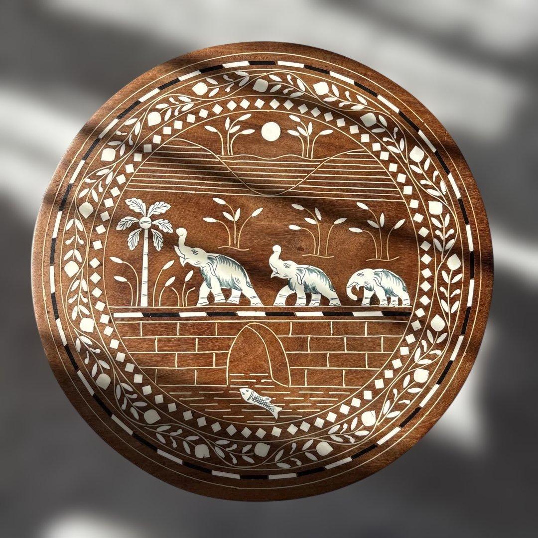 木製テーブル　3本足　猫足　ゾウ柄　タージマハール