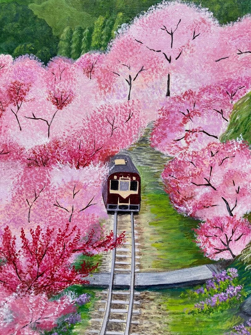 ご依頼品　花の絵　風景画　アクリル画　原画 「花桃のトンネル」F6「三春の滝桜」