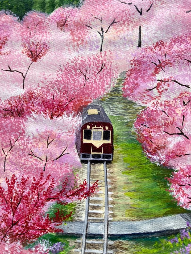 ご依頼品　花の絵　風景画　アクリル画　原画 「花桃のトンネル」F6「三春の滝桜」