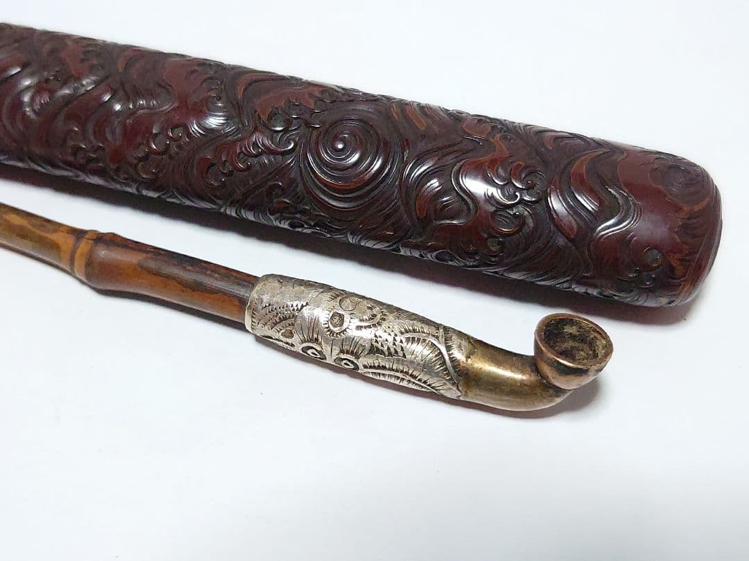 時代物 煙管 煙草入 煙管筒 金口 細工 彫刻 一式 骨董 アンティーク