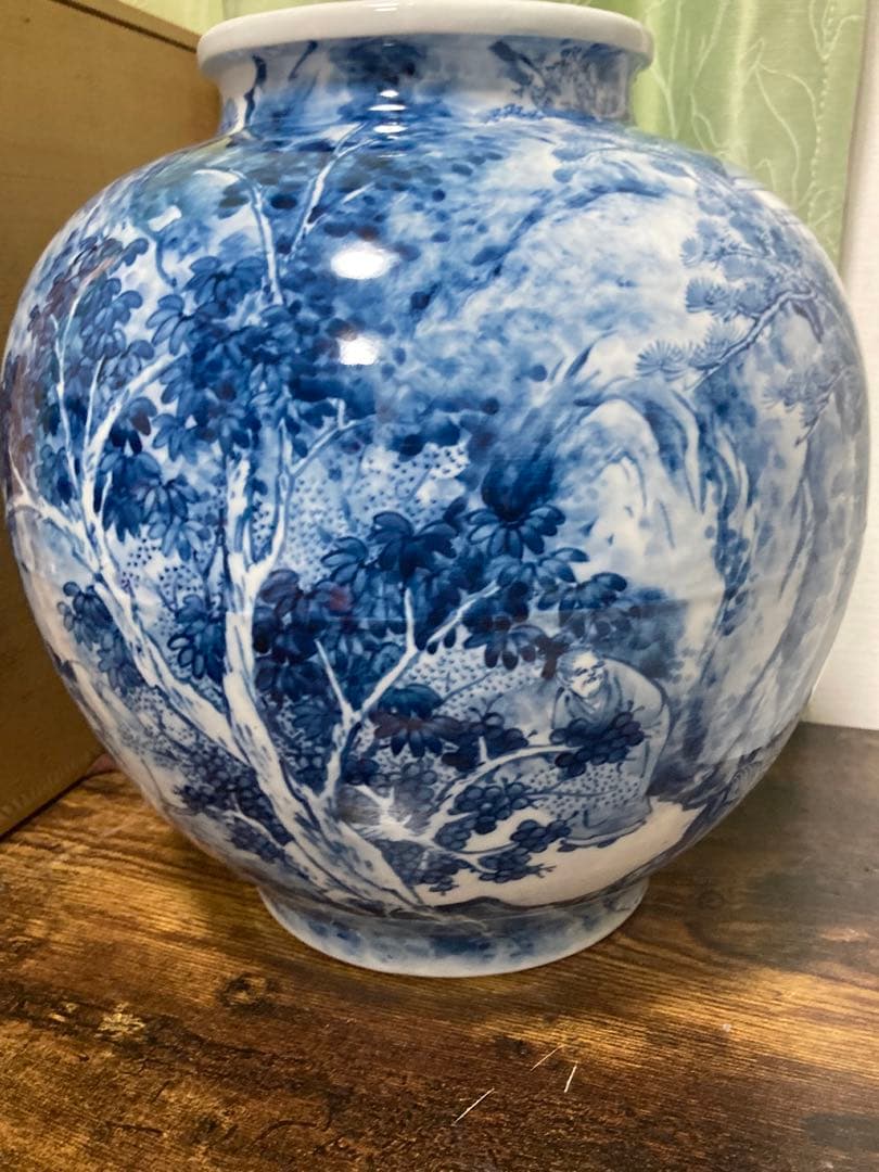 加藤芳州 染付山水大壺共箱共布 無形文化財保持者 楼閣山水文人画 骨董古美術