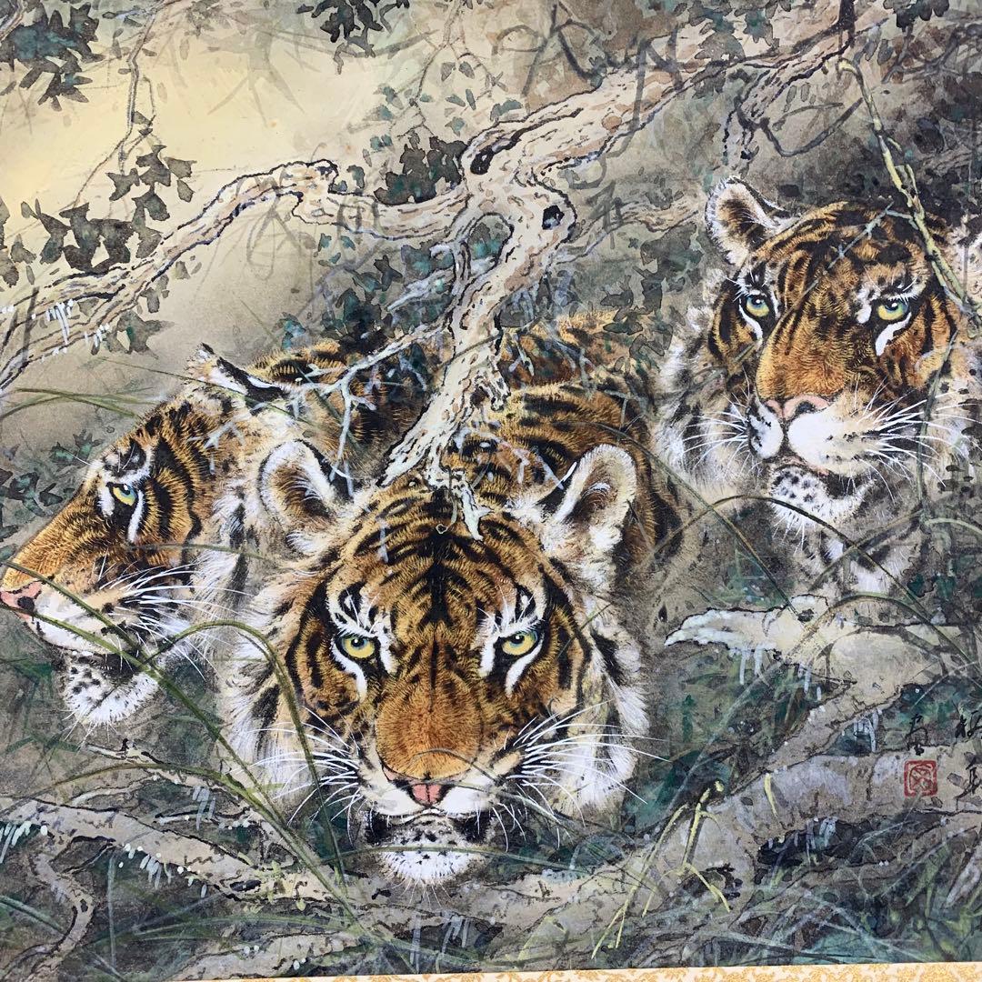 【掛軸】虎 猛虎 木箱 三頭 寅