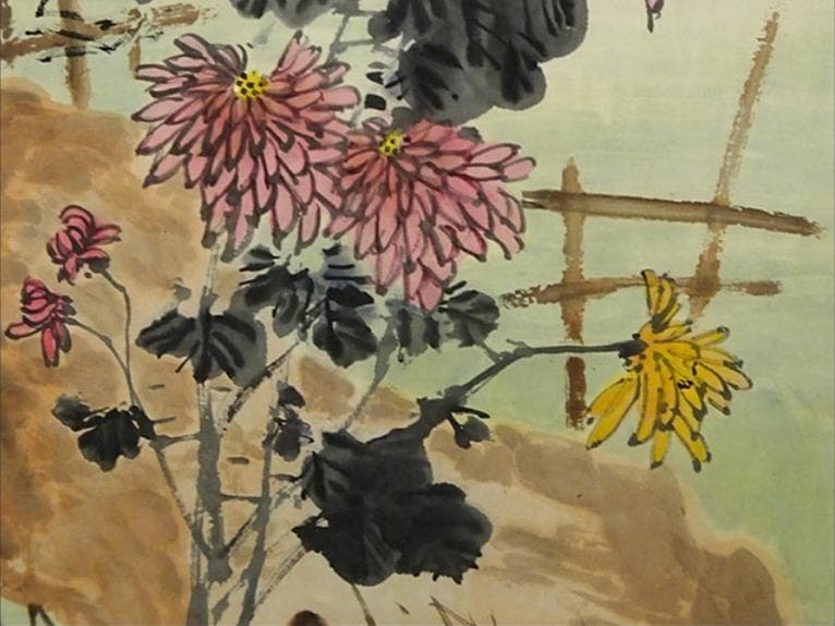 掛軸 胡健華『東籬秋色 花鳥図』中国画 紙本 肉筆 掛け軸 p082910