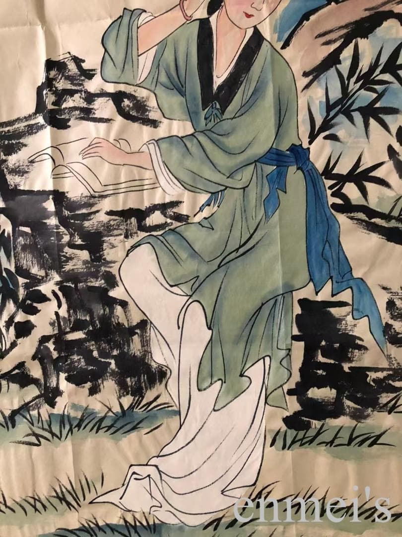中国古美術・仕女図三尺画芯・純手描き・工筆・彩色画・仇英印款・書道・宣紙・带水印