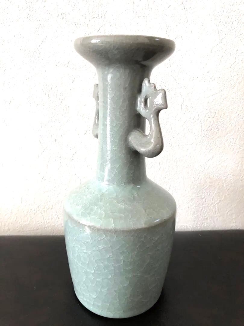 【未使用】軌窯　久田重義 作　青瓷鳳凰耳花生　希少　常滑焼　花入　花瓶