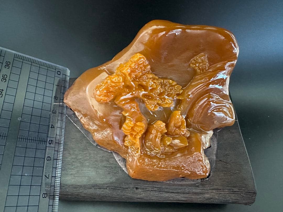 ラオス石　田黄　置物　山中尋友　縁起物　書斎　座台付き　箱付き