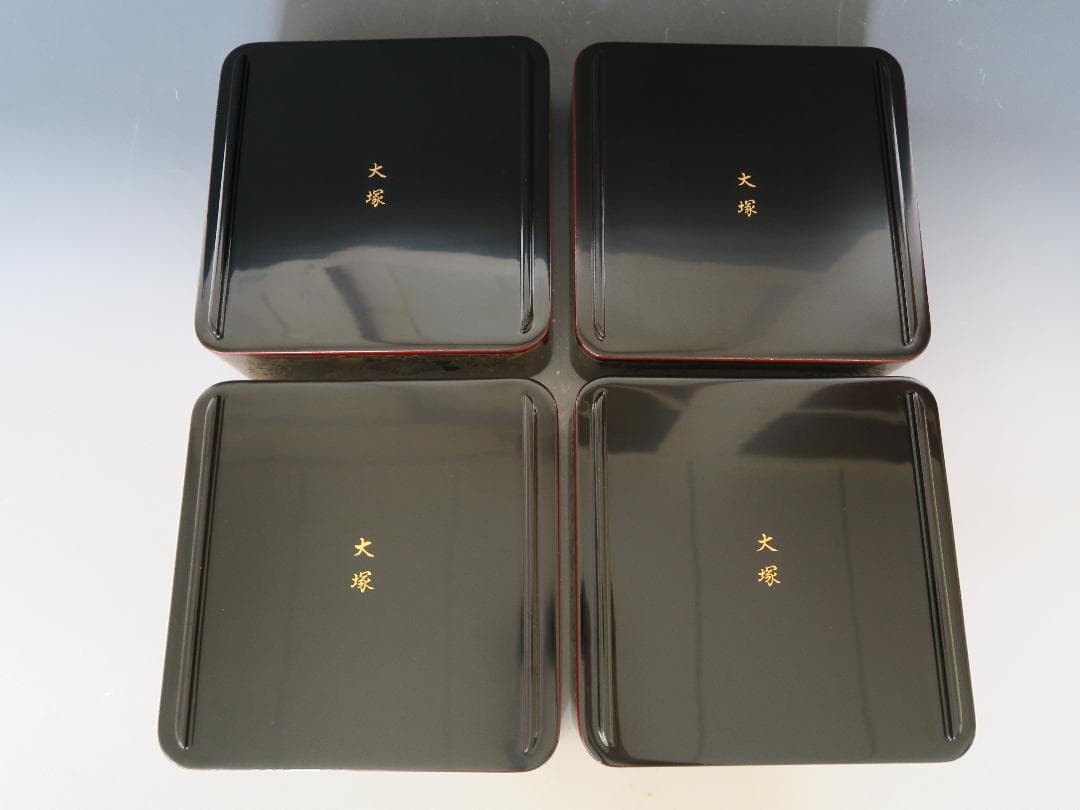 【輪島塗】溜塗 四季草花沈金 二段重 二セット ※底名あり 内朱塗 天然木 共箱