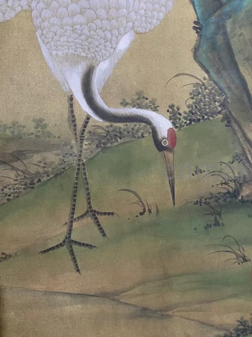 中国古美術・旧藏・沈周款・大三尺中堂鶴画・純手描き・絹本掛軸・明代水墨・收藏品