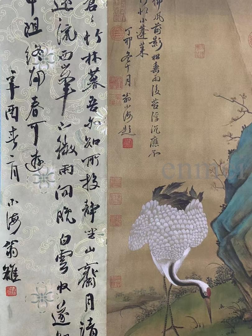 中国古美術・旧藏・沈周款・大三尺中堂鶴画・純手描き・絹本掛軸・明代水墨・收藏品