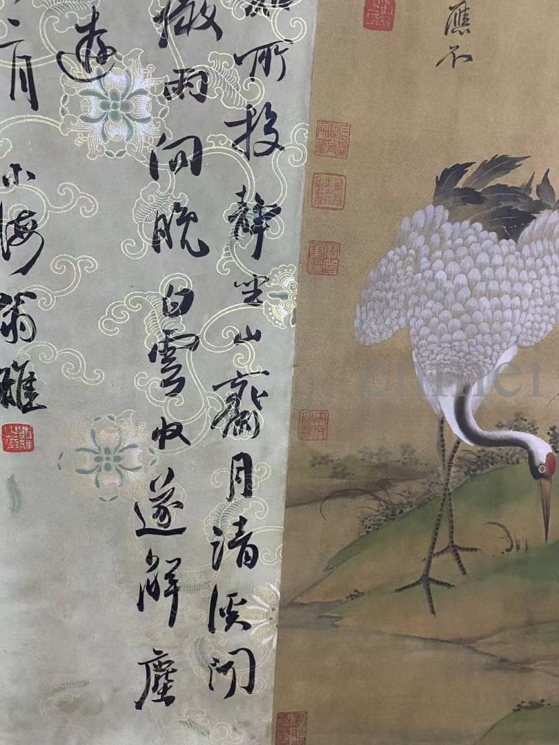 中国古美術・旧藏・沈周款・大三尺中堂鶴画・純手描き・絹本掛軸・明代水墨・收藏品