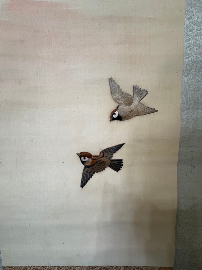 雀　茶道具 掛け軸 掛軸　刺繍　すずめ　鳥　絵画　日本画