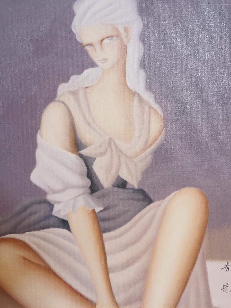 【値下げ】人物・美人画　油絵　東郷青児　F6号　郷愁　額付き　手描き　肉筆