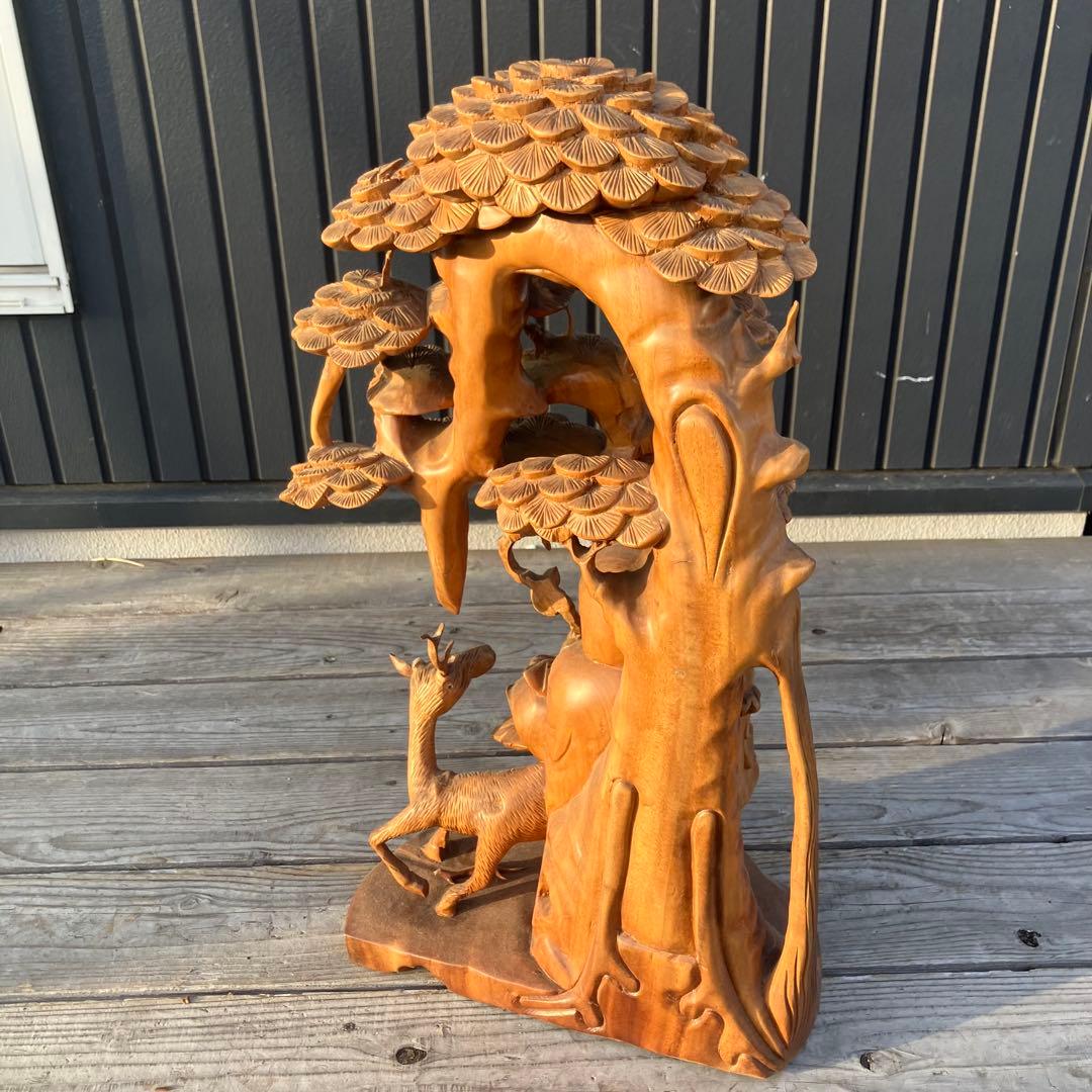 昭和レトロ 天然木 一刀彫 極上彫 七福神 寿老人 鹿 大型 置物 オブジェ